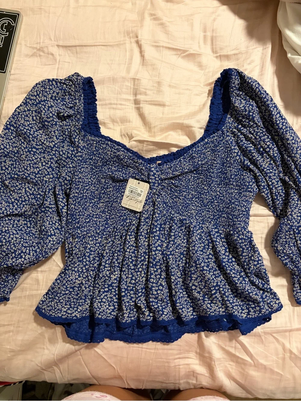 Free People Royal Blue Floral Peplum Blouse